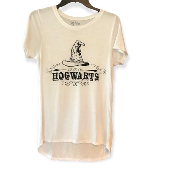 Harry Potter Sz L White Graphic Hogwarts Mystic Hat Short Sleeve Jersey T-Shirt - Picture 1 of 5